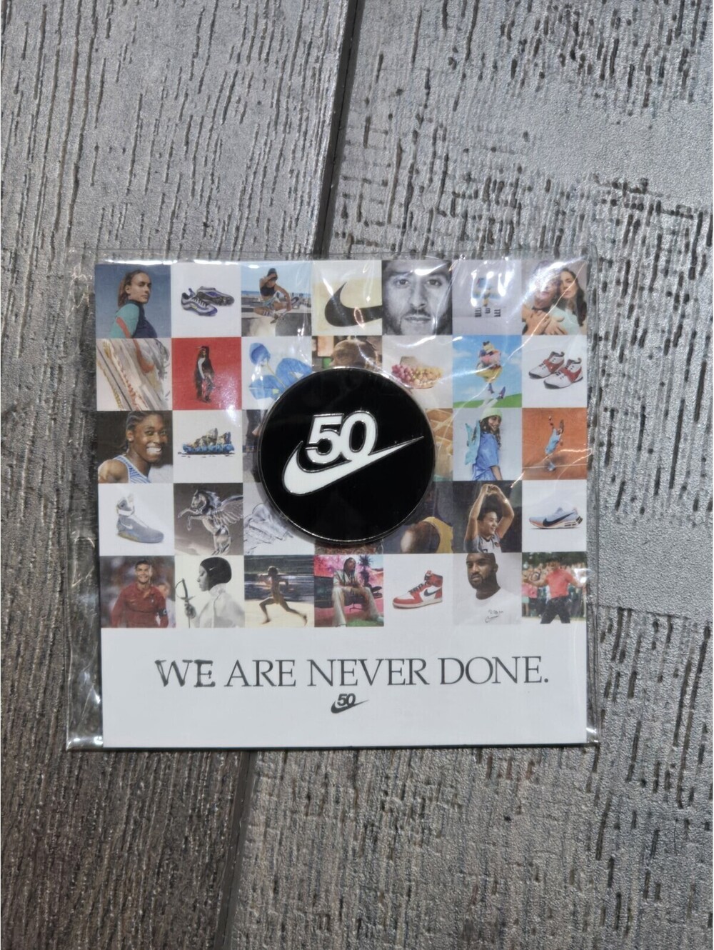 NEW NIKE SWOOSH 50th ANNIVERSARY COLLECTIBLE PIN BLACK WHITE - WE ARE NEVER DONE